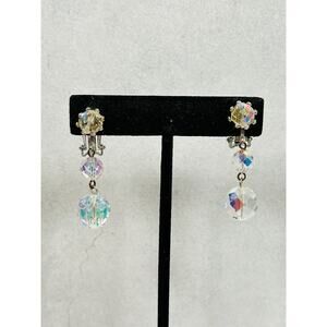 VTG Earrings AB Crystal Faceted DangleSilver Tone Clip On 1.5" Elegant Formal